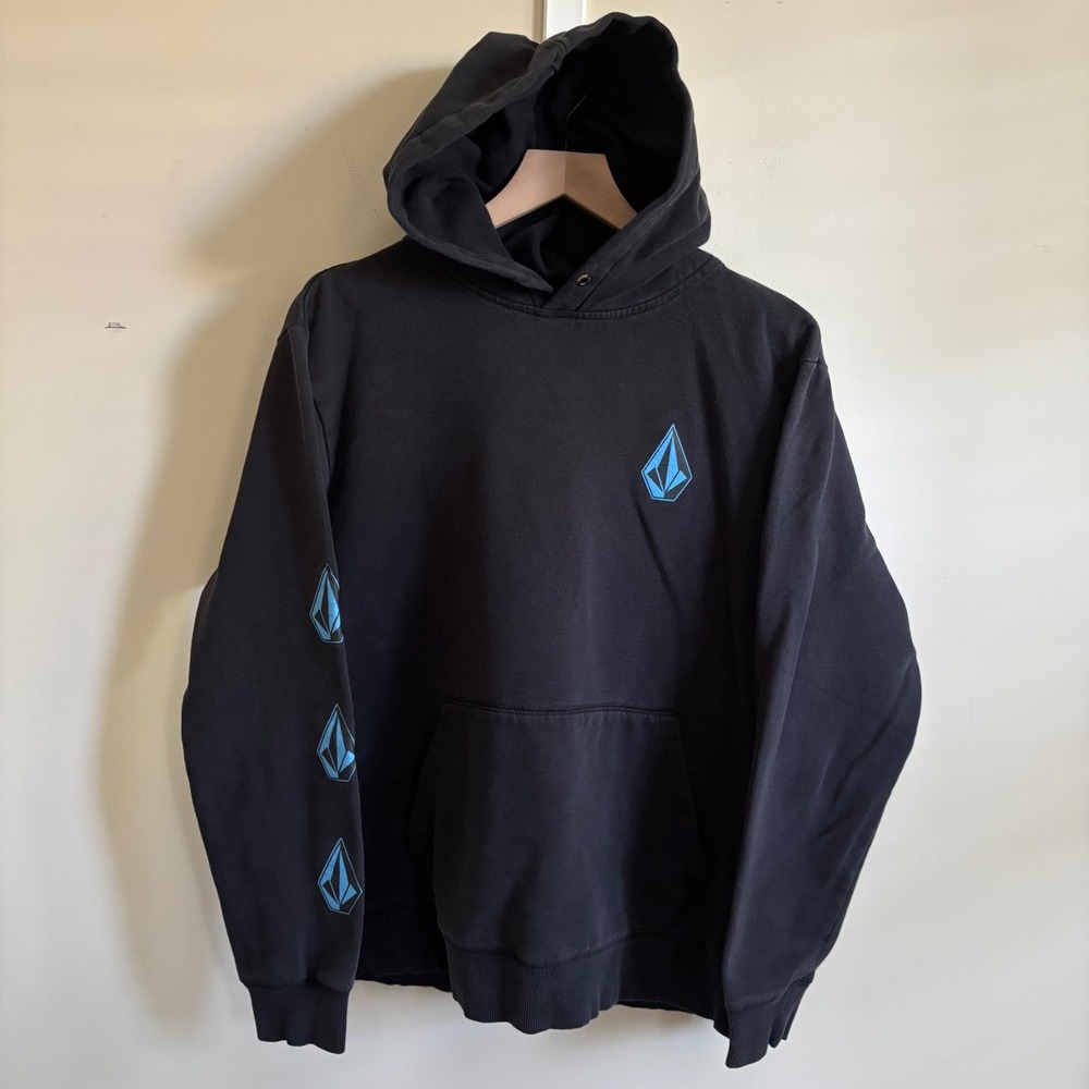 Volcom Stone Hoodie Mens Large Black Blue Graphic Logo Pullover Sweatshirt